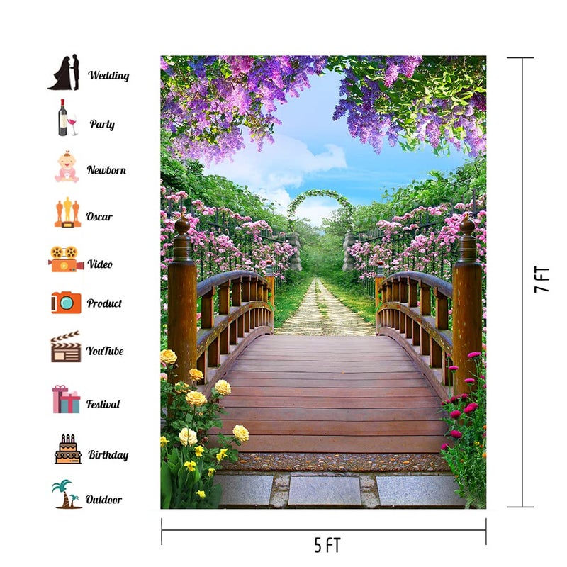 PHMOJEN Colorful Flowers Blossom Photography Backdrop Wooden Bridge Floral Garden Background Vinyl 5x7ft Photo Shooting Props HXPH010 - Image 2